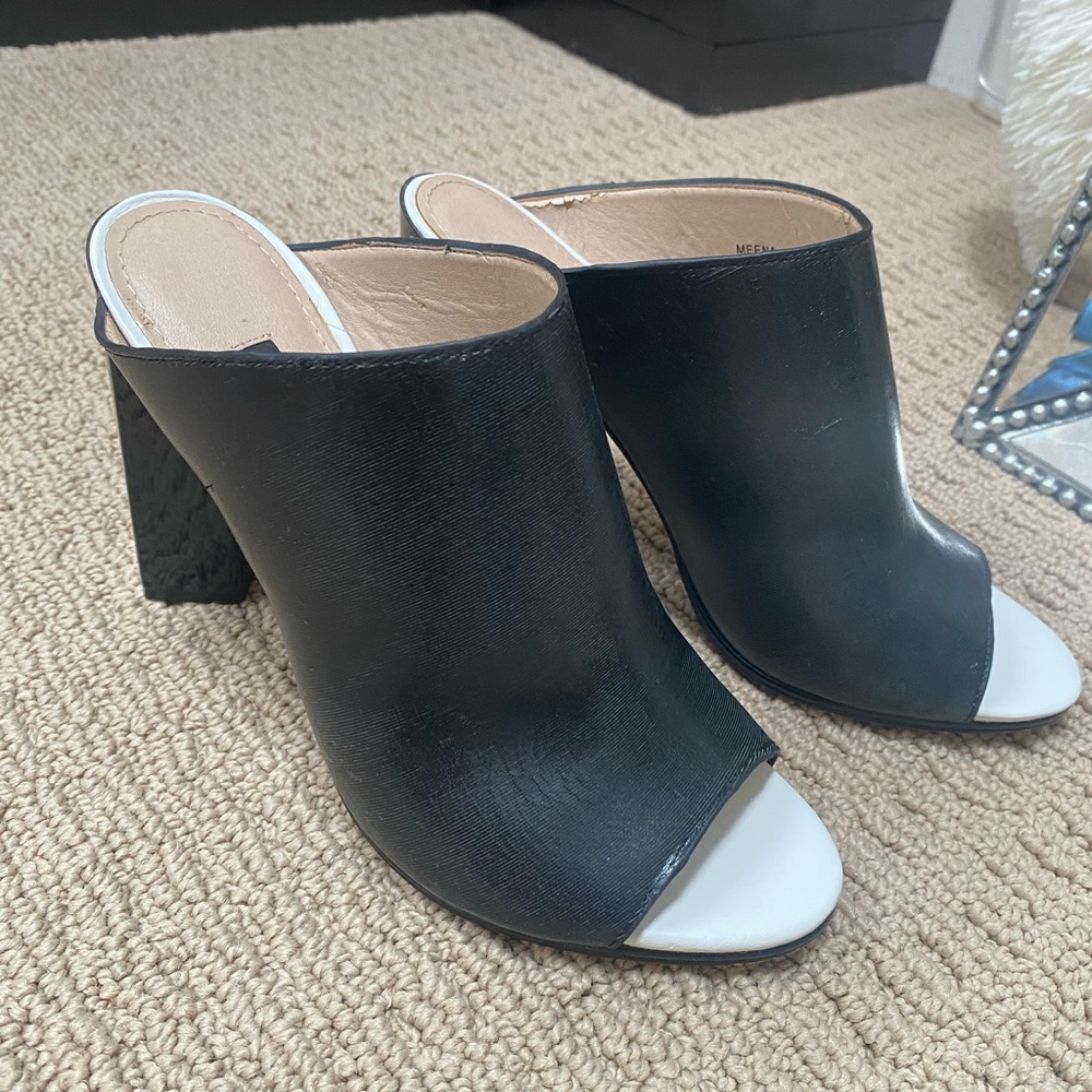 French Connection high heeled black/white mules